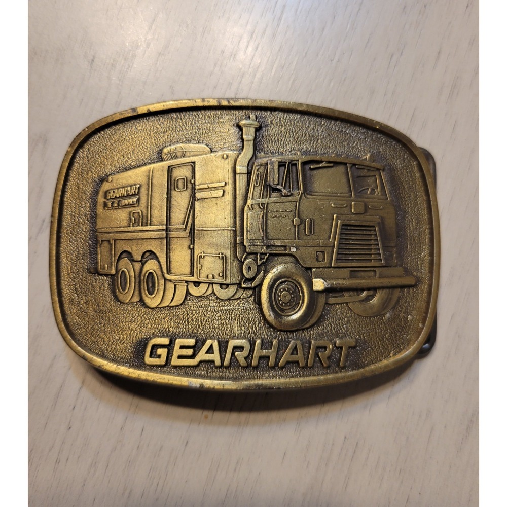 Vintage Brass-toned Gearhart Oilfield truck Promotional Belt Buckle 1980s.